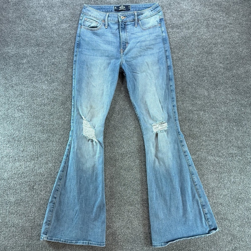 Y2K Hollister High Rise Vintage Flare Jeans 9R Light Wash Ripped Knee W29 L31